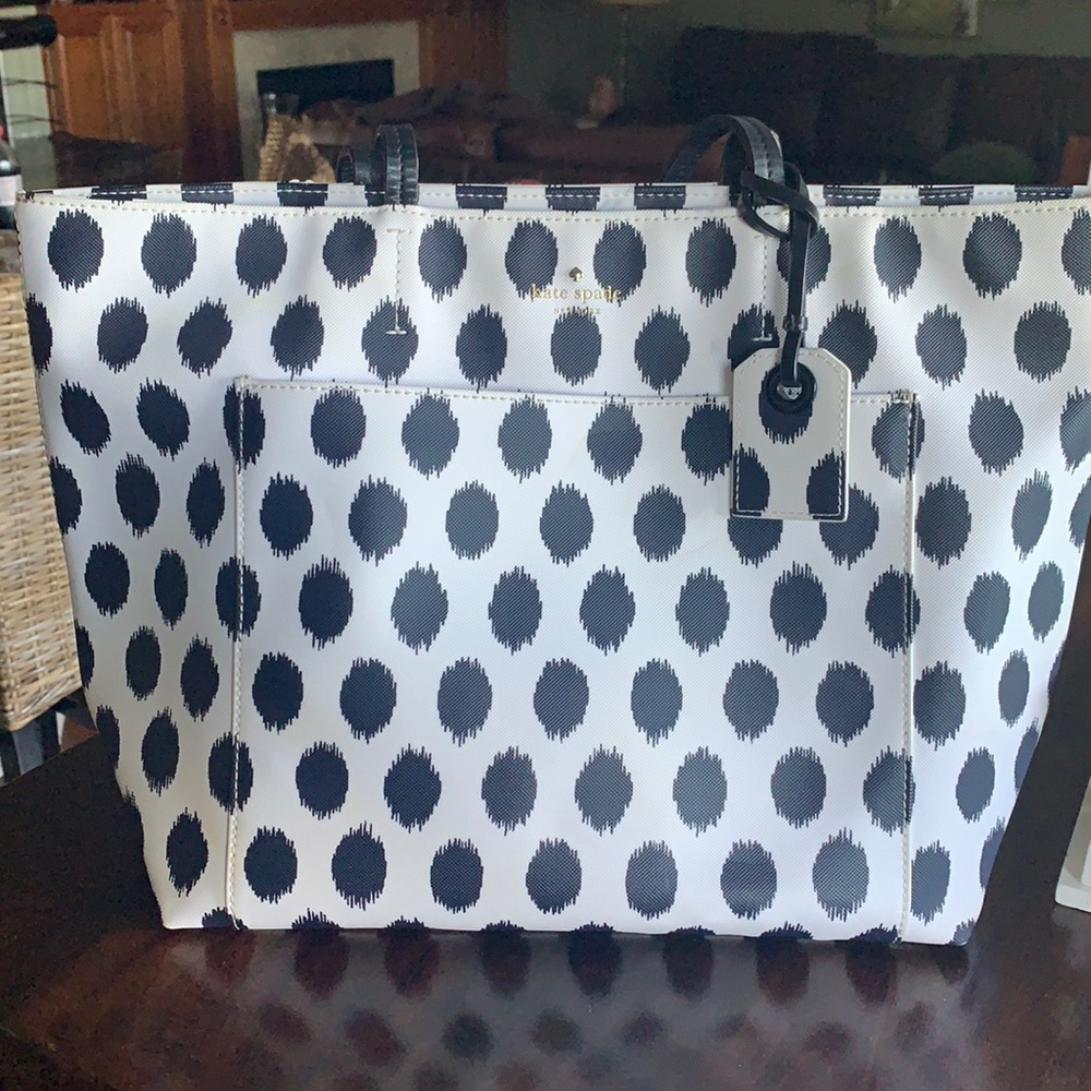 Kate Spade Ikat Dot Riley Tote white with black spots.